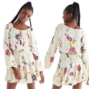 Cleobella Long Sleeve Smocked A-Line Dress Floral Print in Ivory size Medium